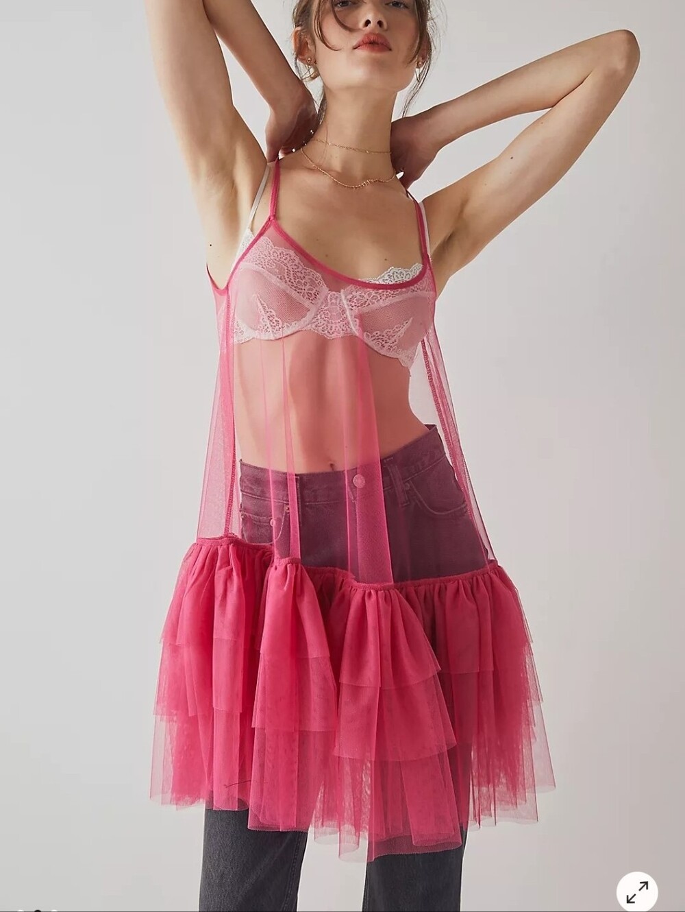 FREE PEOPLE INTIMATE Sheer Pink Tulle Slip Dress with Ruffle Hem Sz Xl